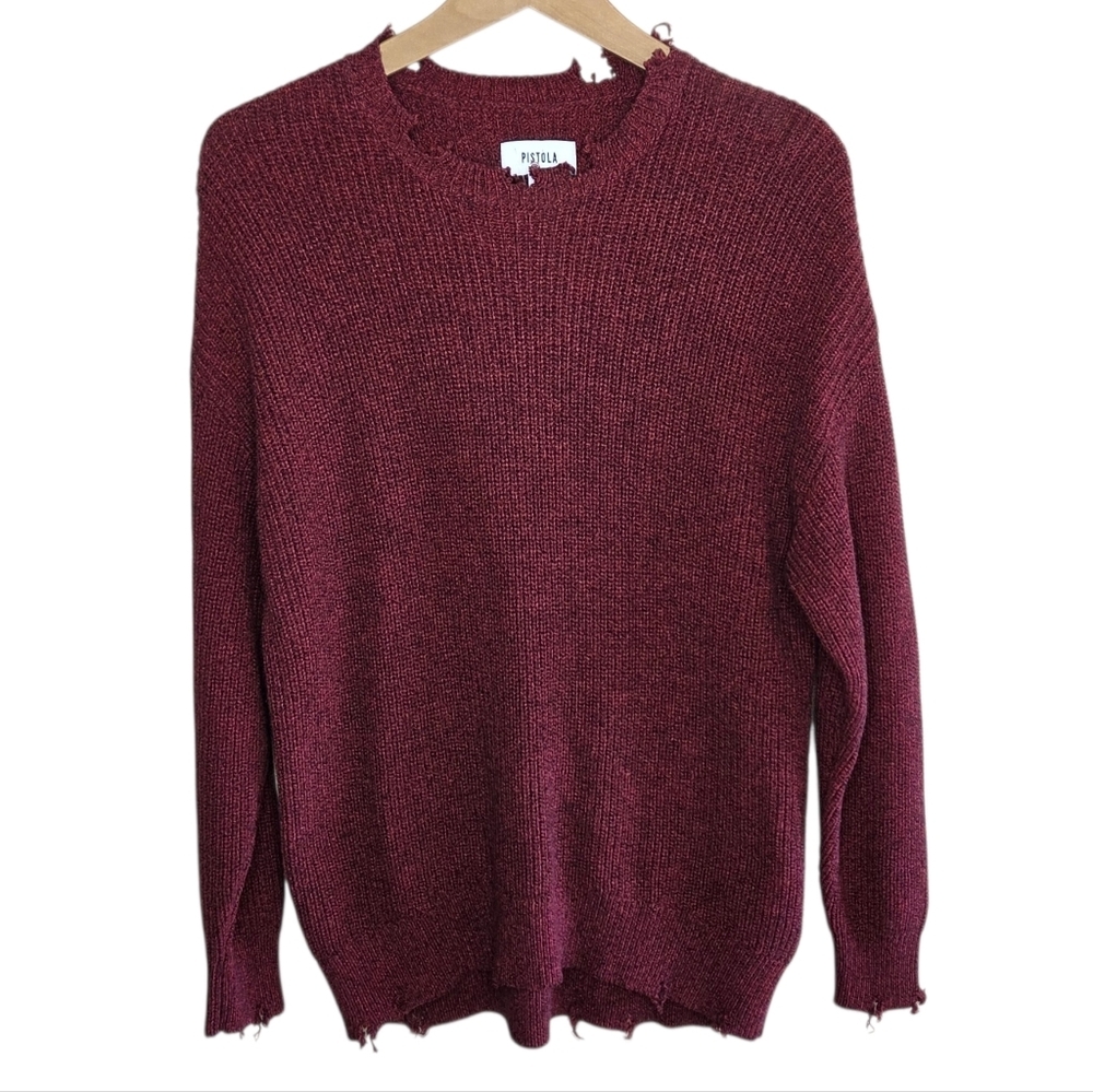 NWT Pistola Eva Distressed Cotton Crewneck Knit Sweater Burgundy Size Small